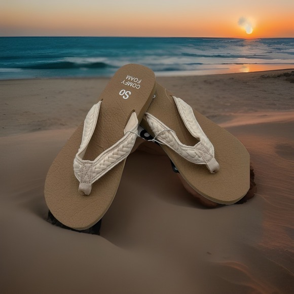 NEW SO Bloomfield Women's Flip Flop Thong Sandals Cream Woven Size 10 Comfy Foam - Picture 1 of 8